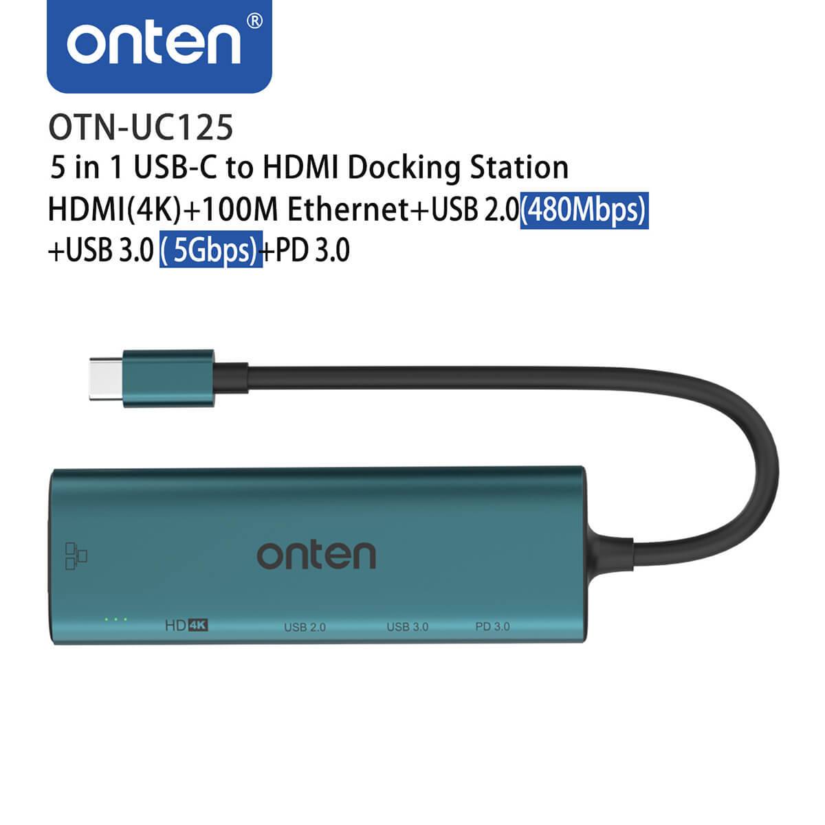 Top view of Onten UC125 5 in 1 USB-C to HDMI Docking Station highlighting its HDMI 4K, USB 2.0, USB 3.0, Ethernet, and PD 3.0 ports for enhanced productivity.
